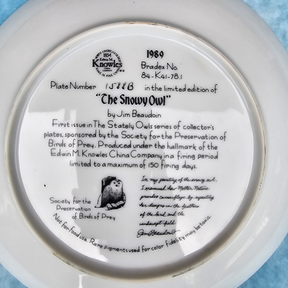 Knowles Plate Number 1588B in the Limited Edition of The Snowy Owl by Jim Beaudo - Picture 3 of 5